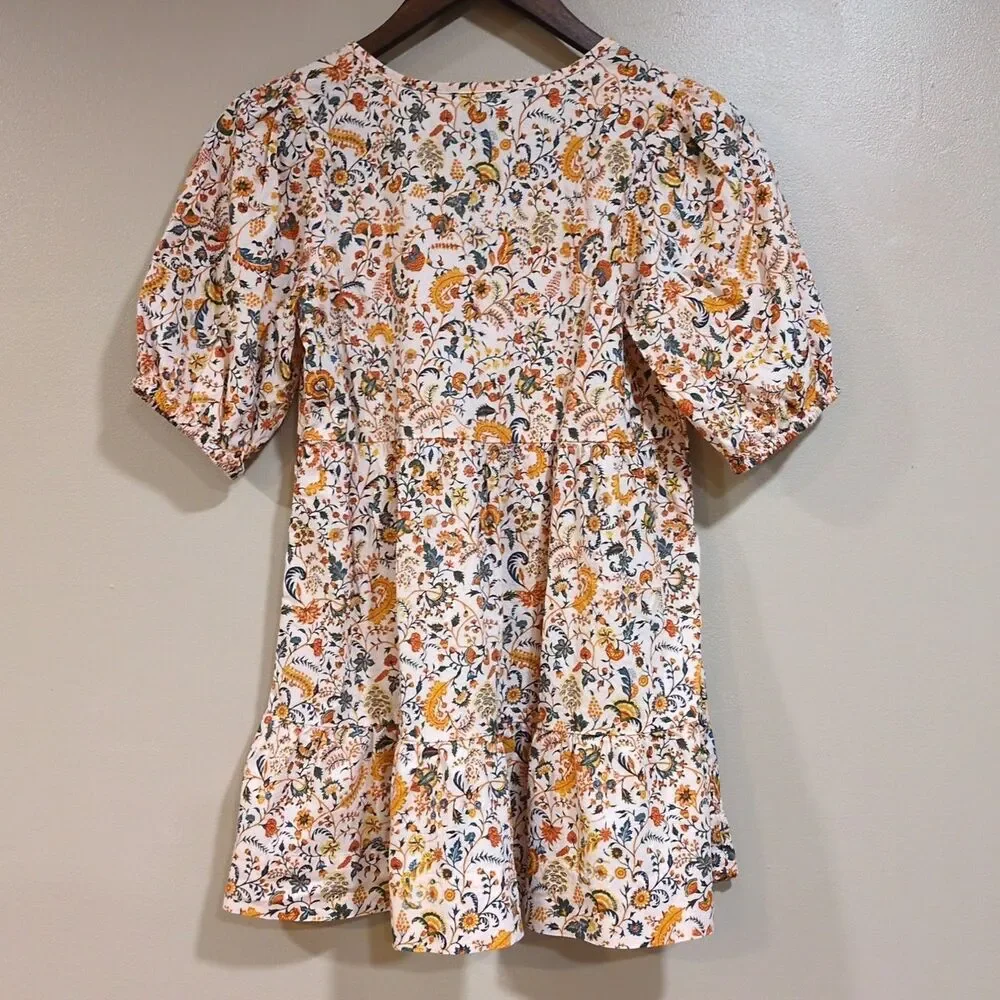 Old Navy Floral Puff‎ Sleeve Tiered Dress Girls M 8 Yellow Boho Cottage Peasant